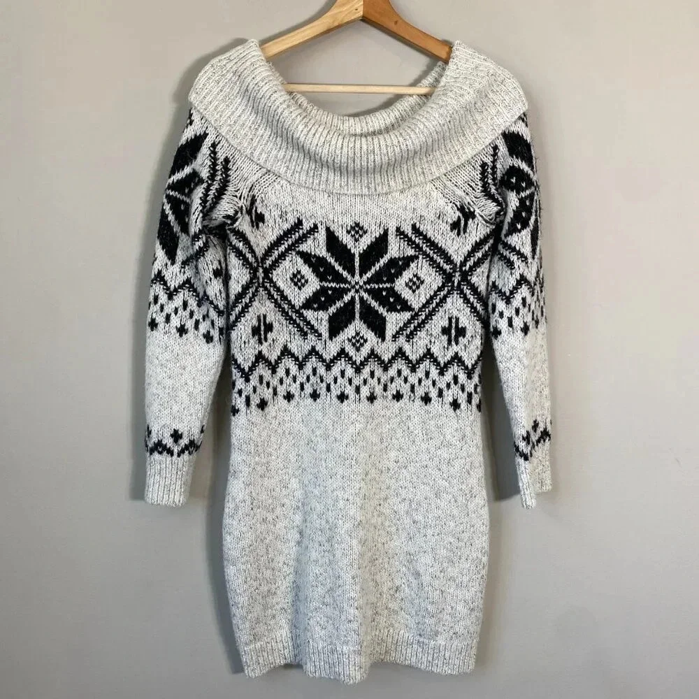Abercrombie & Fitch Cowl Neck Fair Isle Knit Sweater Dress Womens Small Gray Y2K - Picture 4 of 13